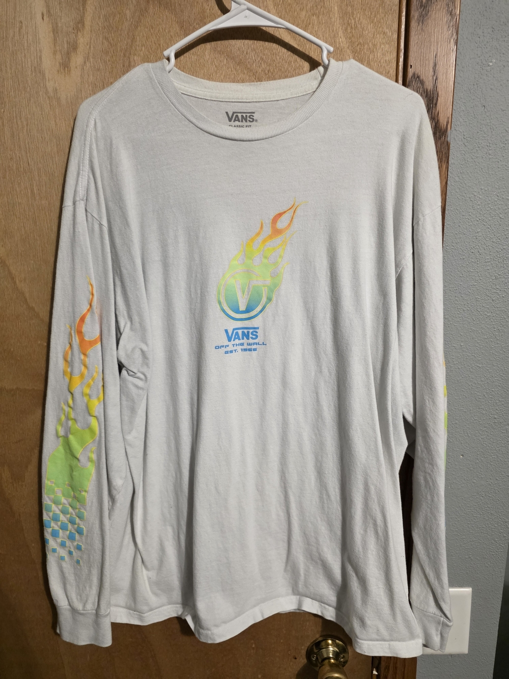 Vans White Long Sleeve Tee with Multicolor Flame Logo